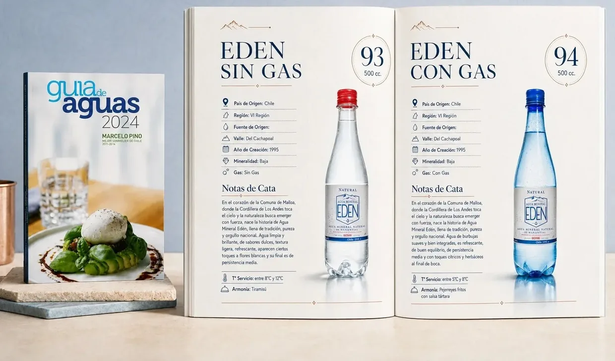 Guía de Aguas abierta en las fichas de Edén Sin Gas, 93 puntos, y Edén Con Gas, 94 puntos