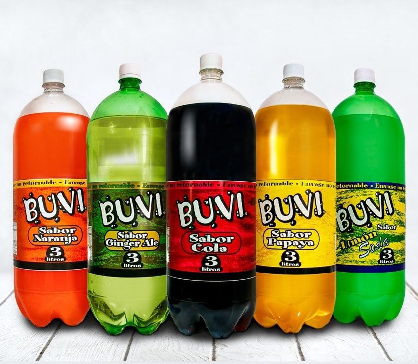 Bebidas BUVI de 3 litros: naranja, ginger ale, cola, papaya y limón soda